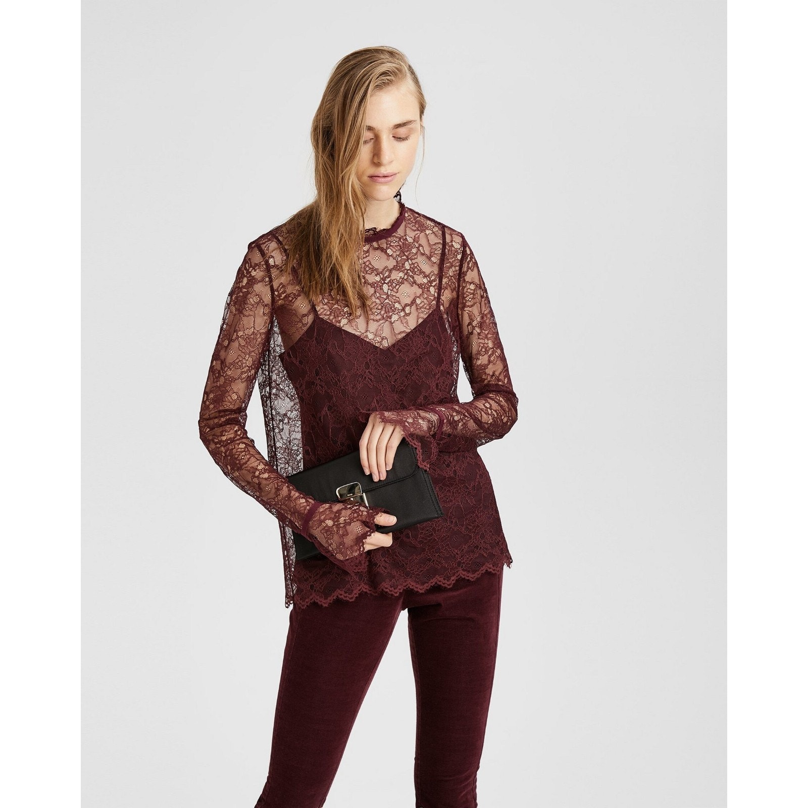 Theory Scalloped Long Sleeve Lace Top Blouse Dark Currant Shopbop M $315